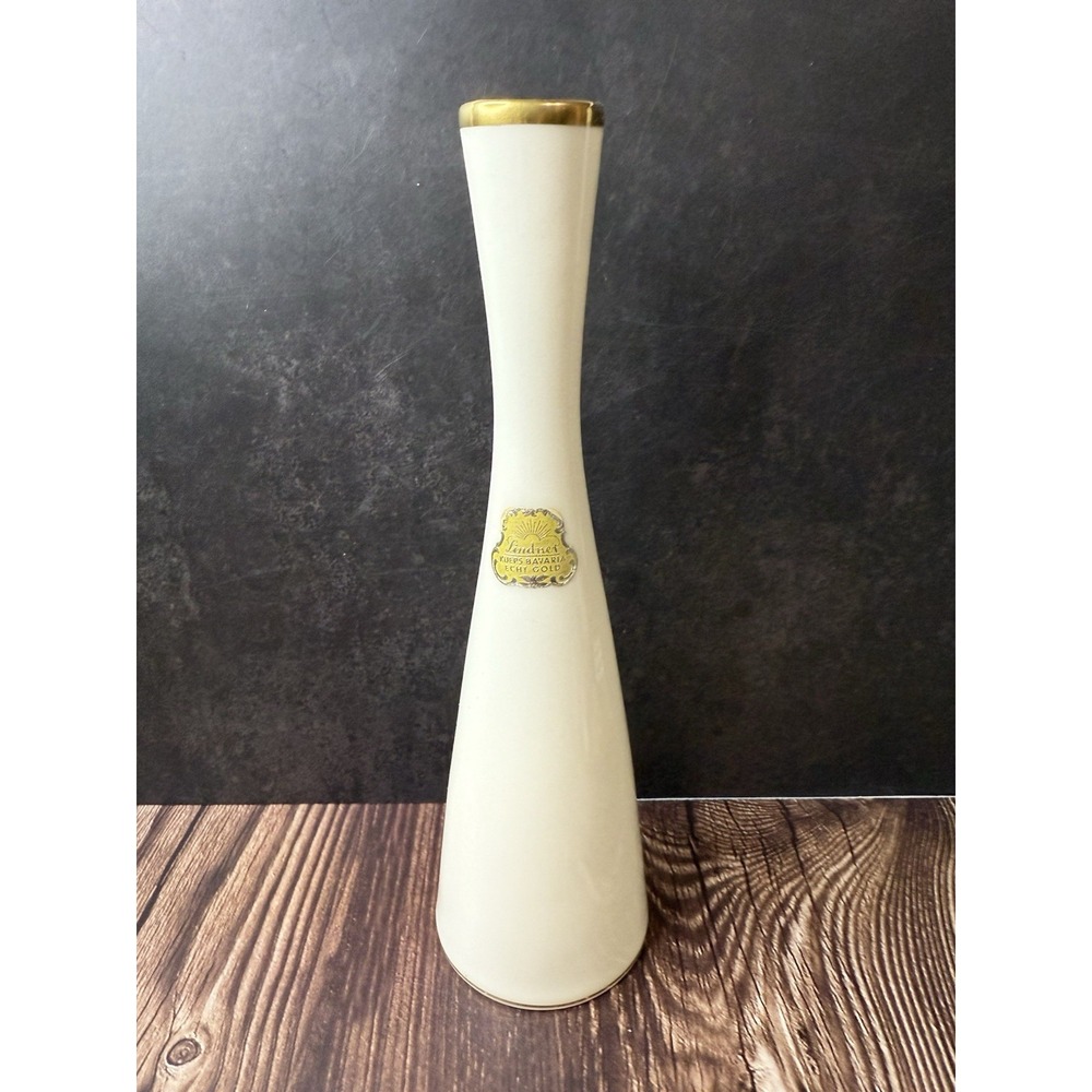 Alka Kunst Bavaria Vase Crème With Gold Trim. 9.75"t Base 2.75" MCM Contemporary